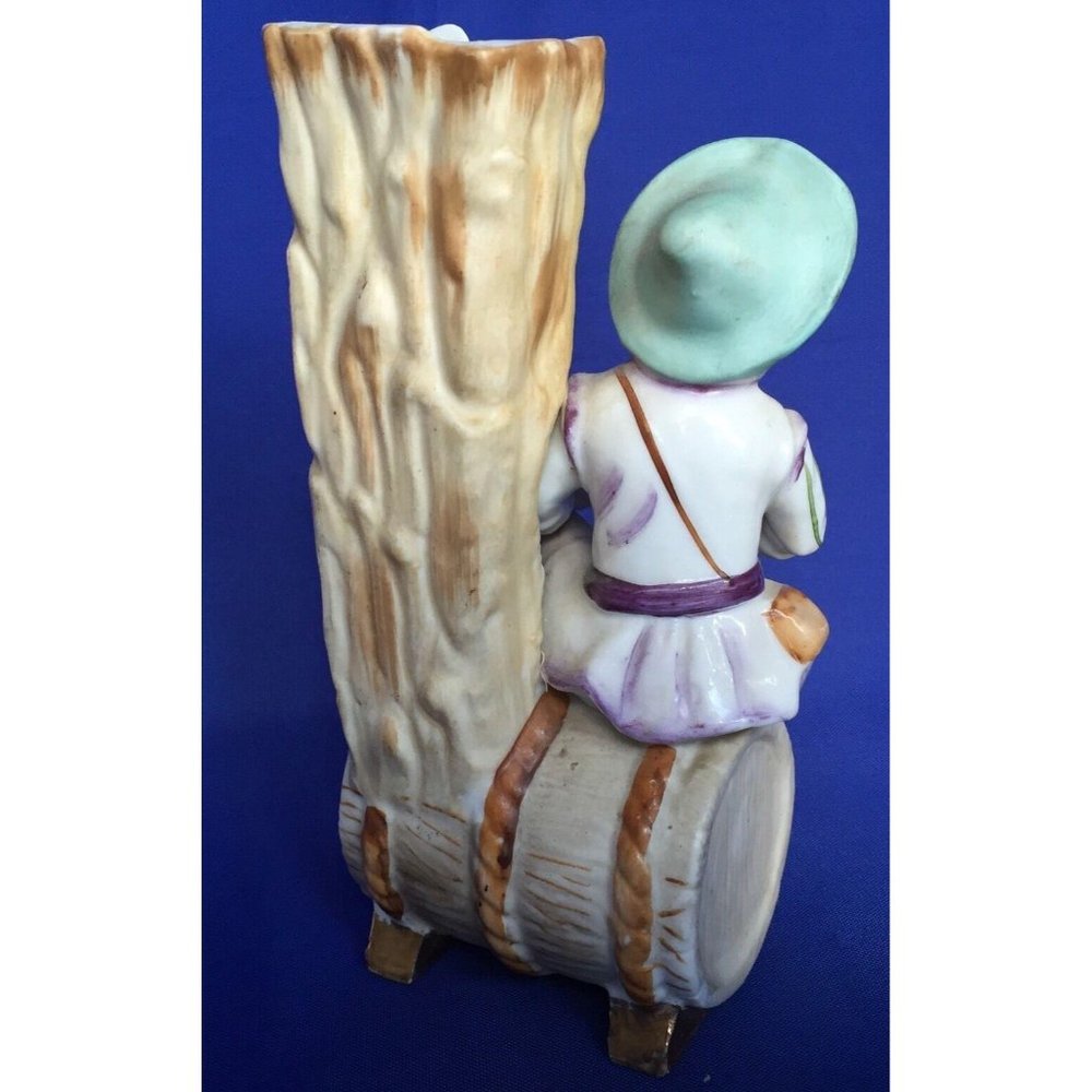Porcelain Bud Vase Boy Figural Figurine Sitting on Water Barrel Bisque Vintage - Picture 4 of 11